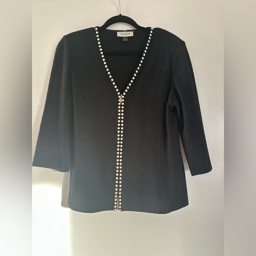 St. John Studded Embellished Full Zip Blazer Jacket Wool Blend Knit Black | 12